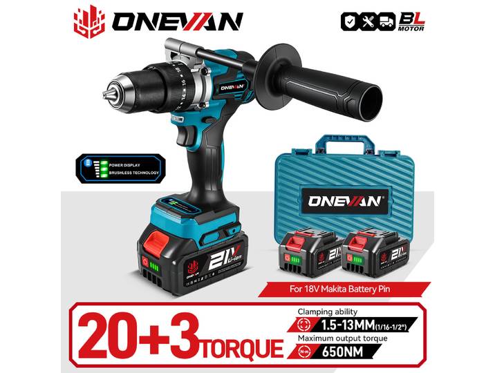 Perceuse à percussion sans fil ONEVAN 650NM, 20 vitesses, visseuse électrique, mandrin 13 mm, compatible avec batterie Makita 18V.