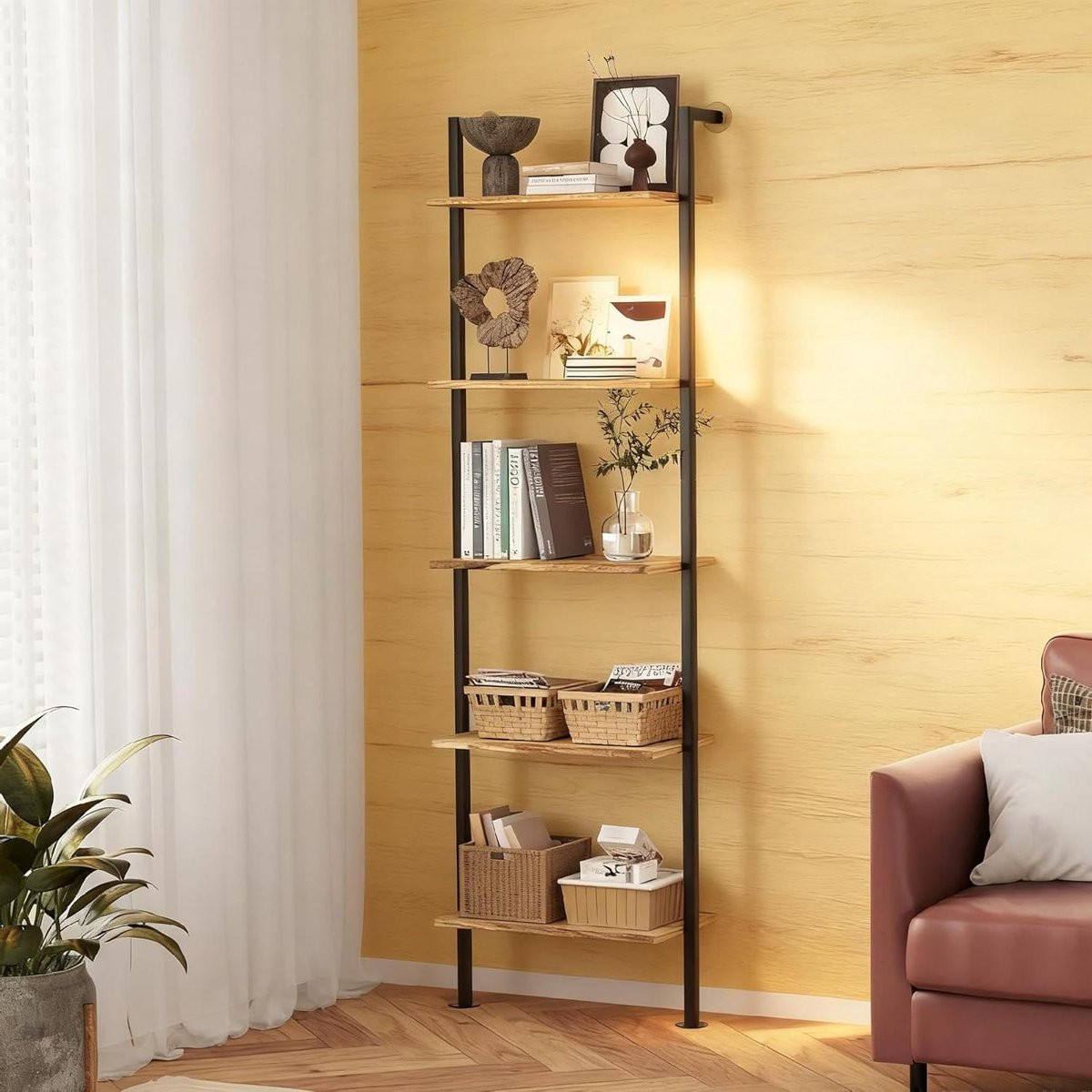 Houten ladderplank met 5 niveaus voor boeken en planten, Rustiek Bruin, Hoogte: 175 cm