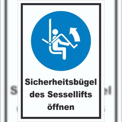 Sicherheitsbügel des Sessellifts öffnen Schild A6 Rückseite selbstklebend