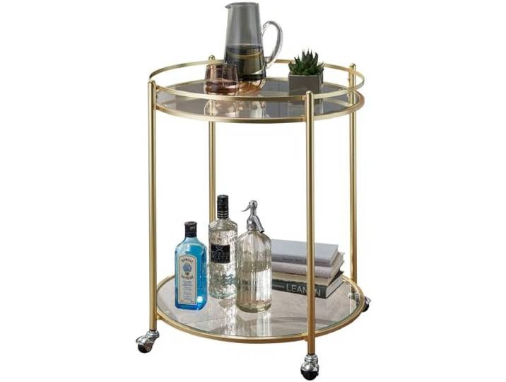 WOHNLING Servierwagen Rund Ø 57x75 cm Metall Gold mit Rollen Teewagen mit 2 Glasplatten, Barwagen mobil, Küchenwagen für Getränke und Snacks, Beistelltisch fahrbar