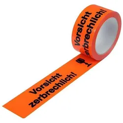 Transpak, Klebeband, Warnklebeband PP Breite 50mm Länge 66m Stärke 52μ PP leuchtorange Aufdruck Vorsicht zerbrechlich (50 mm)
