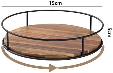 Inspired Finds Acacia Wood Lazy Susan Turntable With Metal Frame Rotating Kitchen Organizer & Serving Tray 5.91in