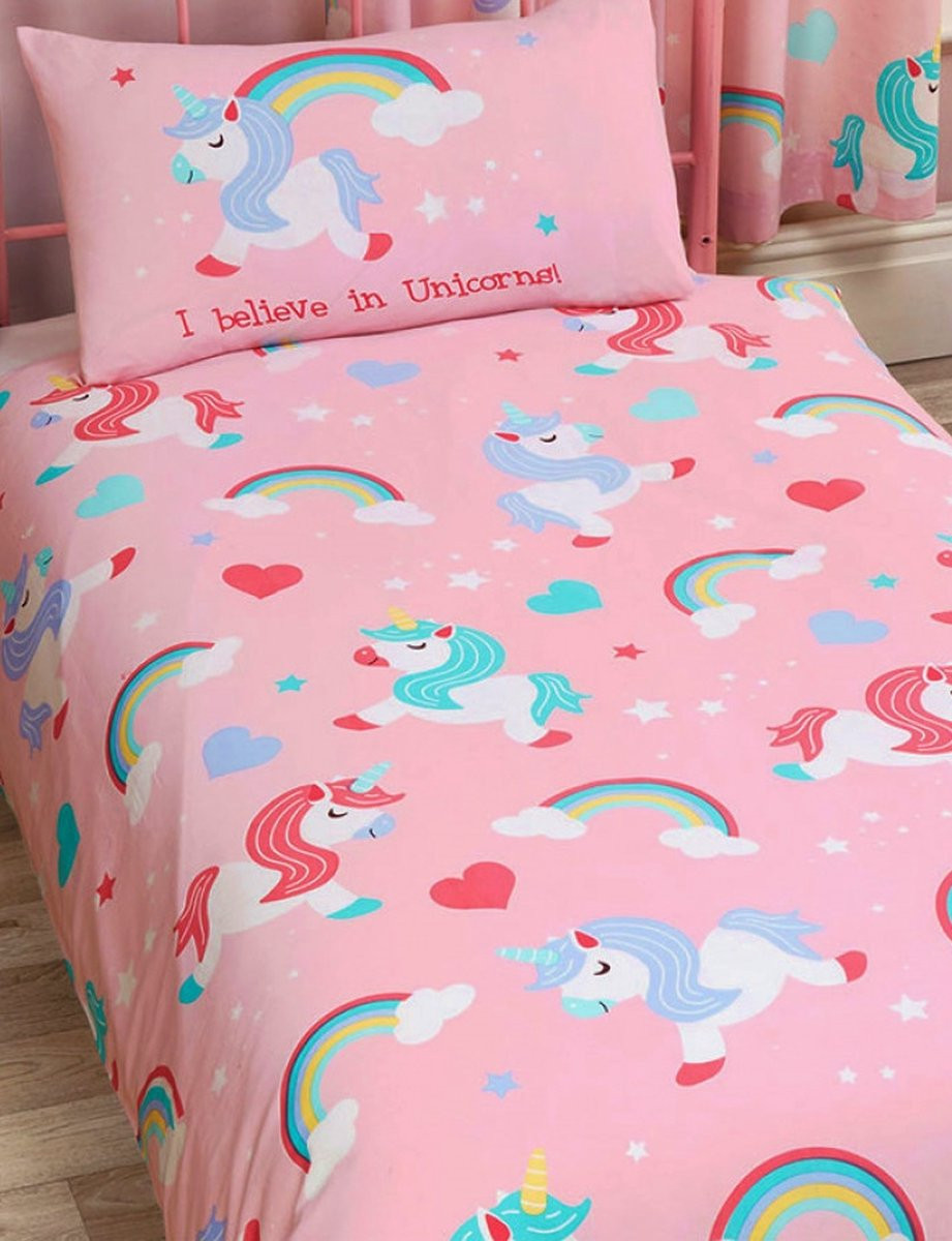 Catherine Lansfield Dekbedovertrek Meisjes 1-persoons Roze I believe in unicorns met eenhoorns, regenbogen en hartjes, 140 x 200 cm
