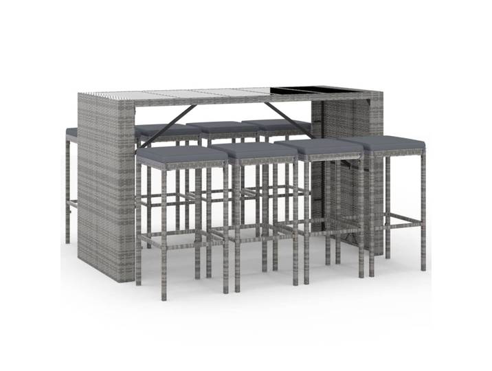 vidaXL Ensemble bar de jardin 9 pièces avec coussins Gris Poly rotin