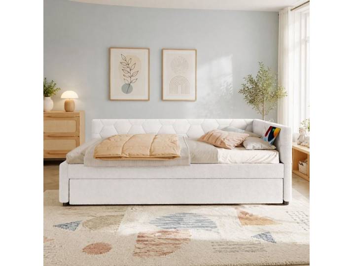 Lit gigogne - ZEVKOR - Lit gigogne enfant 90×200 cm - Bouclé blanc - Lit tiroir escamotable - Port USB/Type-C