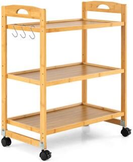 Costway 3-Tier Storage Rolling Cart Bamboo Utility Cart with 4 Universal Wheels-Natural