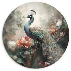 WANDBILD Pfau - Pfauenfedern - Vogel - Dschungel - Blumen Wandbild 120x120 cm