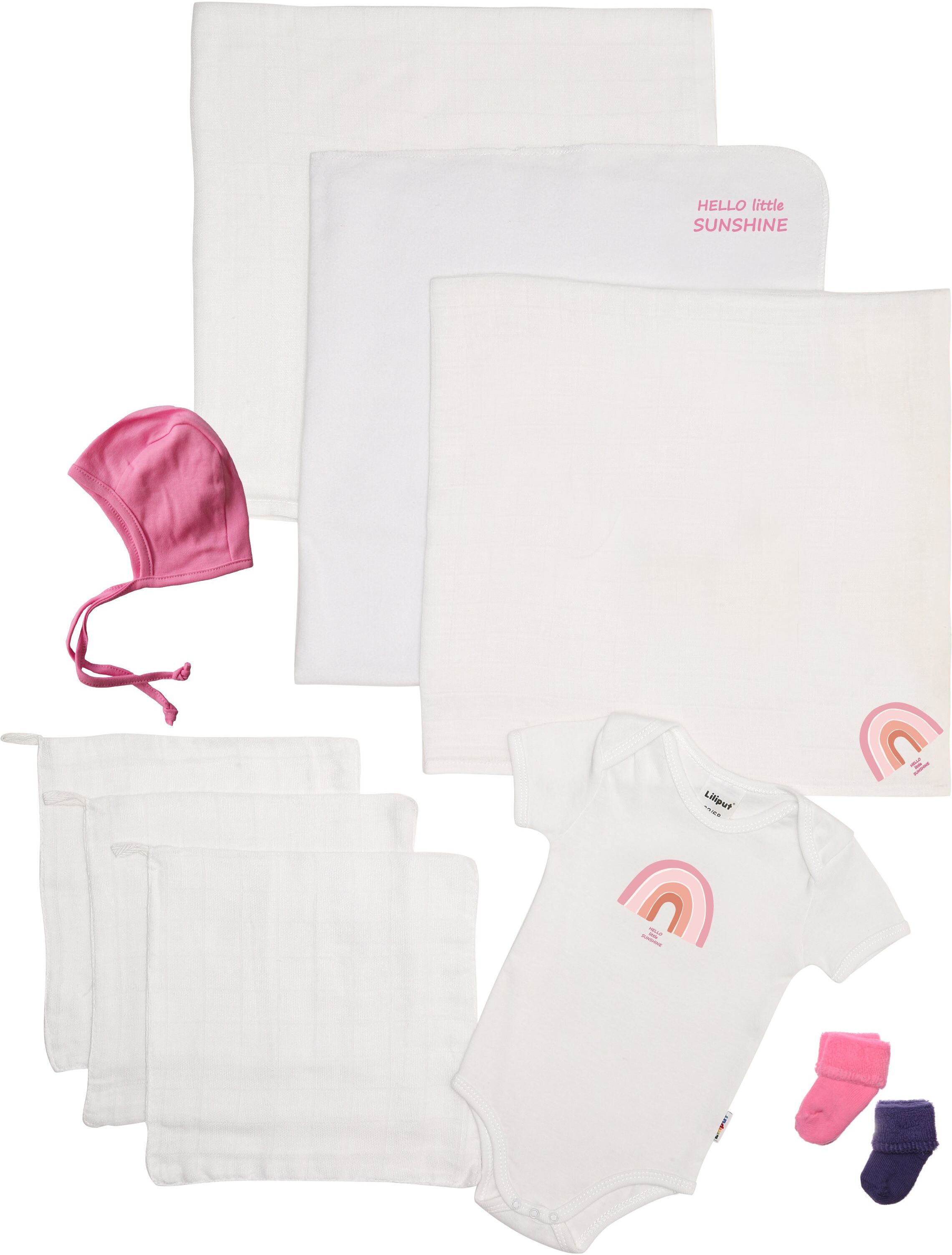 Erstausstattungspaket LILIPUT "Regenbogen", Mädchen, Gr. 50/56, pink (weiß, pink), 100% Baumwolle, KOB Set-Artikel Erstausstattungspaket, mit tollen Regenbogen-Motiven