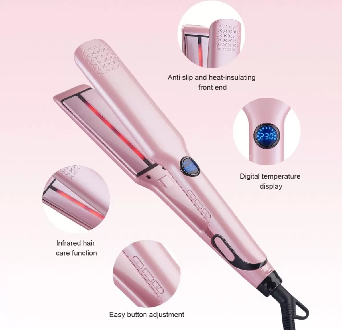 INF Infrarot-Haarglätter - Rosa Turmalin-Keramik-Glätteisen mit einstellbarer Temperatur & EU-Stecker