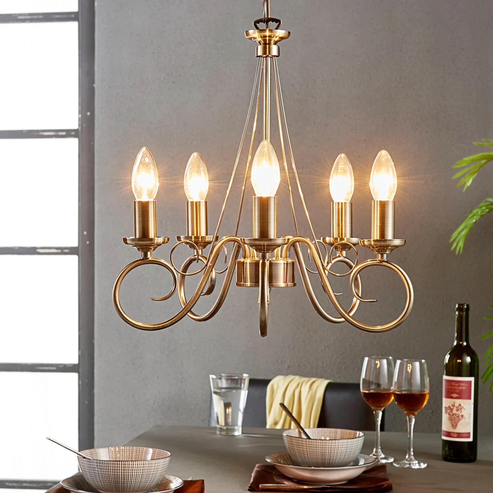 Lindby Marnia Kroonluchter met 5 lampen, Brons/Oud-messing, Metaal en Glas, Dimbaar