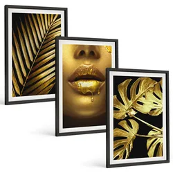 BILDER SET 3er Set - 40x60 cm Schwarzer Rahmen - Mund einer Frau mit Monstera-Palme