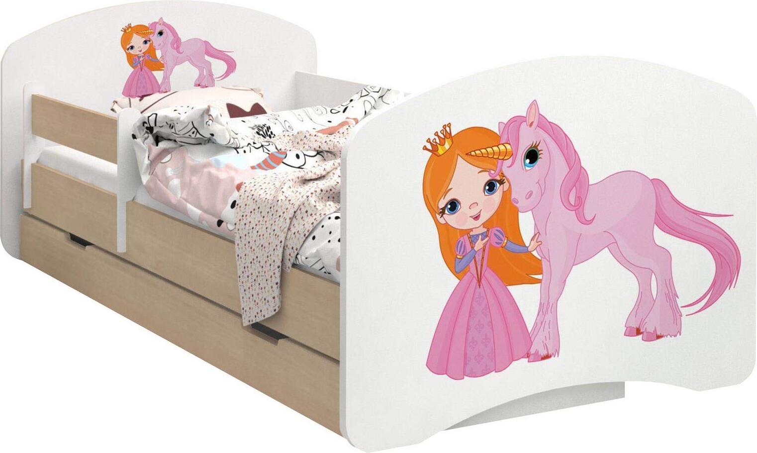 BDW Kinderbett, Doppelseitiges mit Schublade, Prinzessin und Einhorn, 190/90