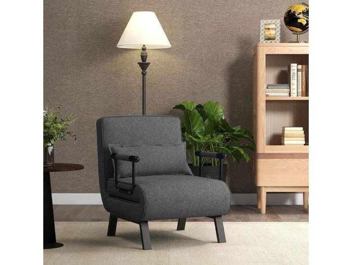 COSTWAY Fauteuil Convertible à Lit 1 Place Fauteuil de Salon 4-en-1 Dossier Réglable en 6 Positions avec Oreiller Gris Foncé