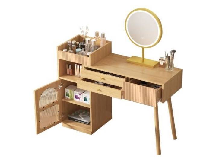Coiffeuse - EKESOR - Miroir LED - 3 tiroirs - Armoire latérale - Bois naturel