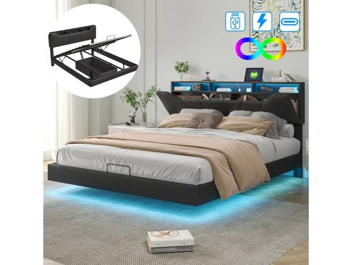 Lit Flottant - LUMINARIX - 160x200 cm - LED intégrée - Tête de lit avec rangement - Noir