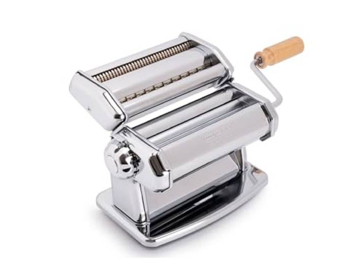 Imperia italienische Nudelmaschine mit zwei Klingen, Nudelmaschine für hausgemachte Pasta mit abnehmbarem Holzgriff, Silber