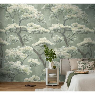 Vliestapete LIVING WALLS "Fototapete Blühende Baumkronen erweiterbar", grün, braun, grau, creme, B:159m, Vlies, Tapeten