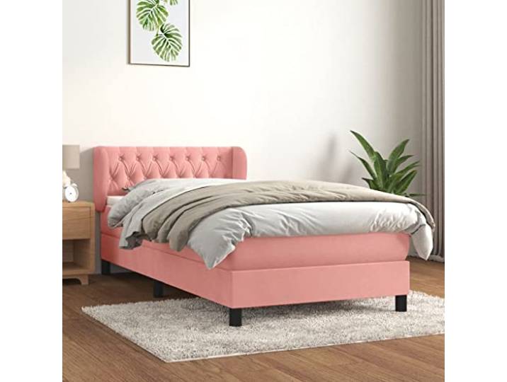 RJPLMFV Samtbett mit Lattenrost und Matratze, Rosa, 90 x 190 cm Verstellbarer Kopf, Taschenfedern, mittlere Unterstützung, weicher Matratzenschoner