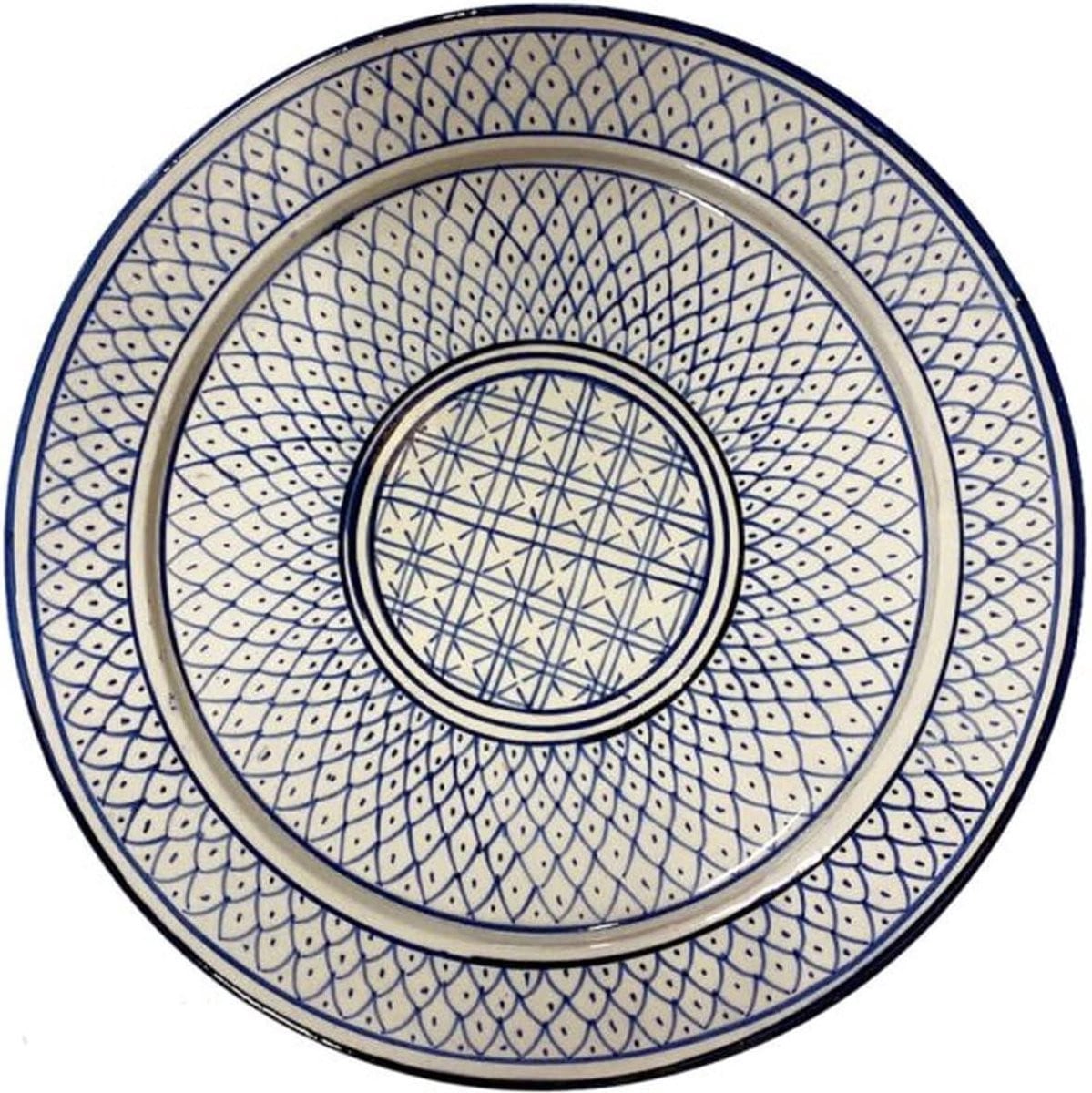 Marokkaanse Schaal - Handgemaakte Blauw-Witte Serveerschaal met Handbeschilderde Patronen - Breedte: 35 cm
