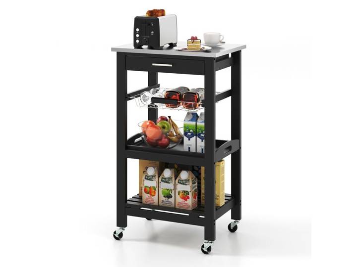 Desserte de Cuisine sur Roues COSTWAY 47 x 37 cm Plateau en Acier Inox Tiroir Coulissant Cadre en Bois Panier en Fil Métallique
