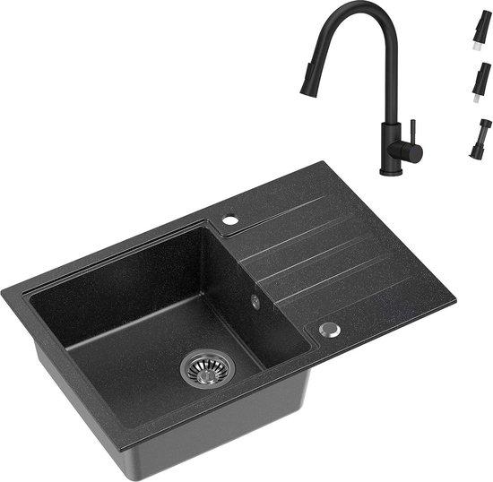 Famanu Spüle Komposit Schwarz Einbauküche mit Ausziehbarem Wasserhahn und Abtropffläche