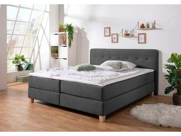 Boxspringbett, Grau, 200x220 cm, Strukturstoff & Samt, Mit Topper, Klassisch, Home-affaire