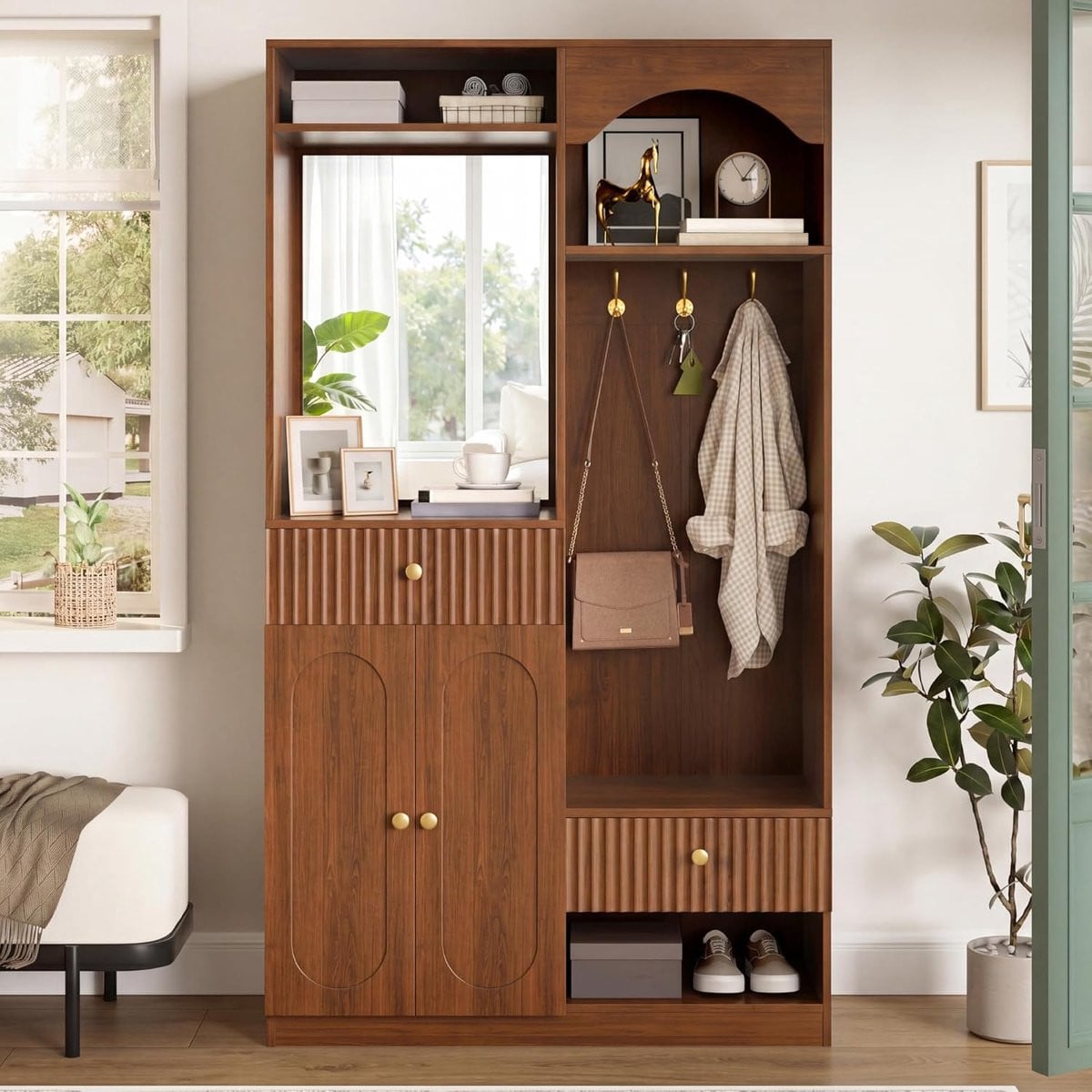 Garderobe met spiegel en geïntegreerde zitbank in walnoot, Breedte: 100 cm
