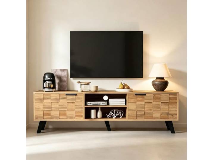 Meuble TV en Bois 160cm Meuble TV Brun avec 2 Portes et 2 Compartiments Design Tissé Style Rétro pour Salon et Chambre