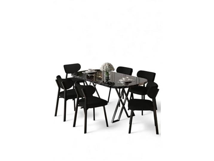 Hanah Home Modern 7-Piece Dining Table & Chairs Set, Black Marble & Black, 100% MDF, Metal Legs, Boucle Fabric, Elegant Scandinavian Design