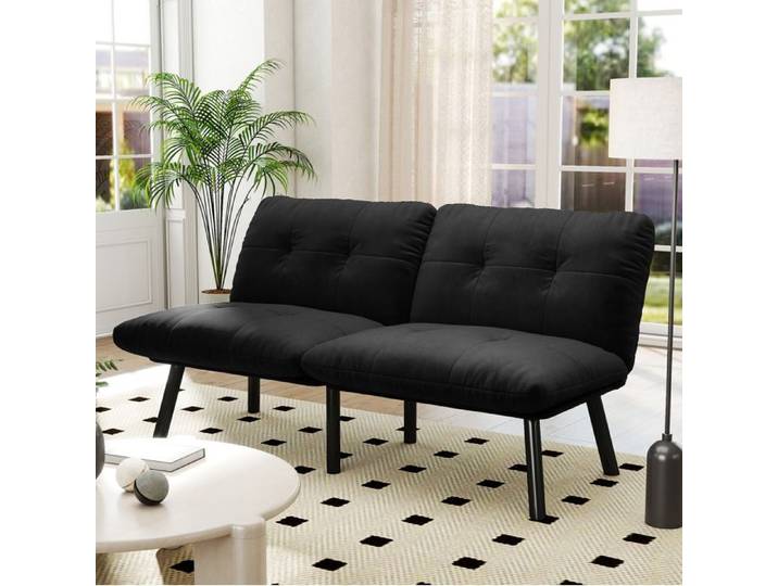 Canapé convertible 2 places AESVAR noir en velours futon pliable sans accoudoirs