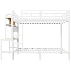 OKWISH Etagenbett Metall/MDF Weiß 140x200 cm mit Schreibtisch, Regalfächern, LED-Lichtleiste, USB-Anschluss und Sicherheitsgeländer