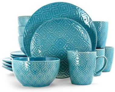 Elama Aqua Lilly 16 Piece Round Stoneware Dinnerware Set in Aqua