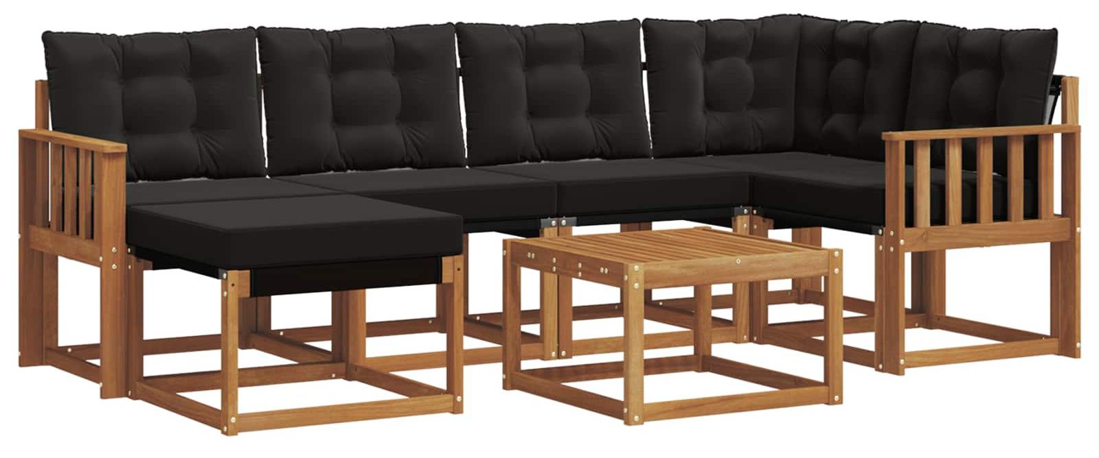 Modulare Outdoor-Sofagarnitur, 7-teilig für 6 Personen, massives Akazienholz & Textilene, natürlich & schwarz, wetterfest, mit Kissen & Tisch