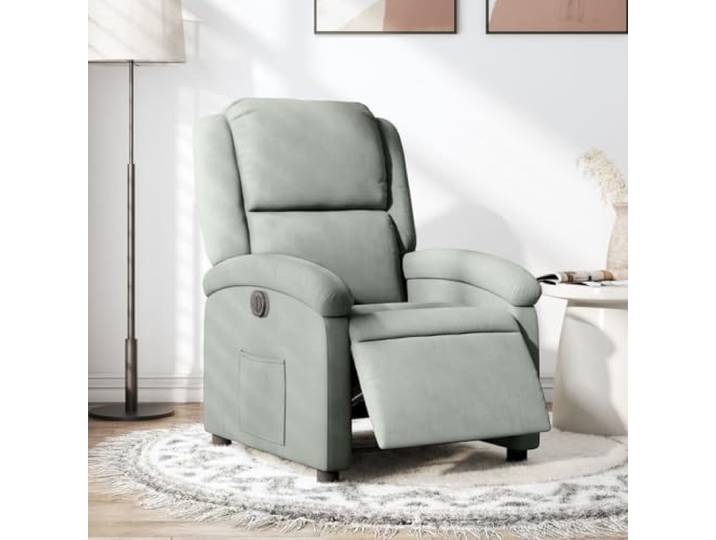 HEFZGDB Elektrischer Relaxsessel mit Liegefunktion in Hellgrau Samt, Massagefunktion und praktischer Seitentasche