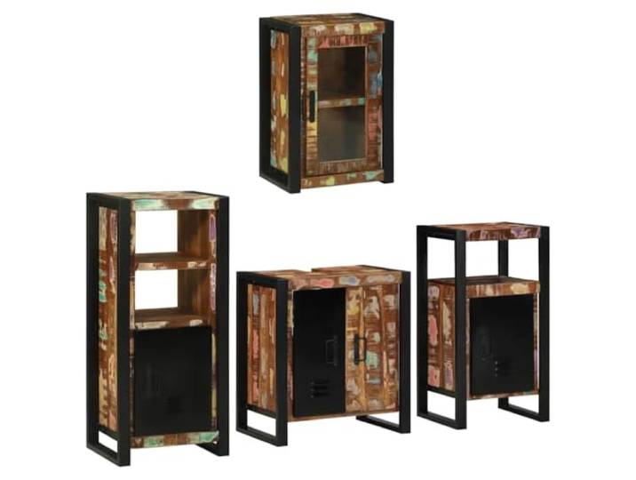 HGPOTUY Badezimmermöbel-Set mit Regal 4 pcs Mehrfarbig Massives Altholz Metallrahmen Stauraum, Wandmontierter Schrank, Industrieller Stil, Flächenbündige Türen, Pflegeleichte Oberfläche