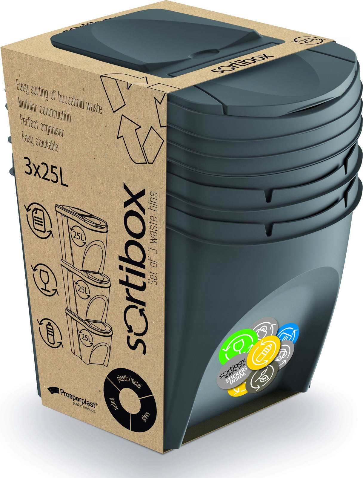 Prosperplast Afvalcontainer Set Sortibox 3 - Steingrijs