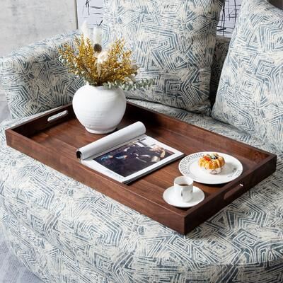 KINWELL Rectangle Black Walnut Wood Serving Tray Ottoman Tray