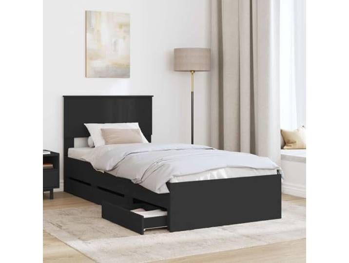 SKTQYQO Bettgestell, schwarz, 90 x 200 cm, aus technischem Holz Mit 6 versteckten Schubladen, festen Leisten, quadratischen Beinen, einfache Reinigung
