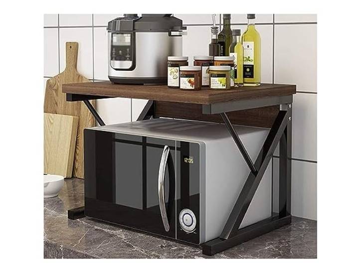 CVdrtyED Mikrowellenregal 2-stufiges Mikrowellenregal, Stahlrahmen, Mikrowellenständer, Küchenregal, Gewürzregal, Lagerregal Küchenregal Stehend(Oak+Black)