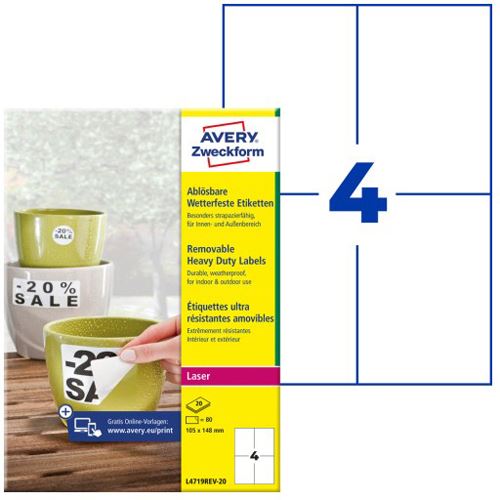 AVERY Zweckform 80 wetterfeste Folienetiketten L4719REV-20 weiß 105,0 x 148,0 mm