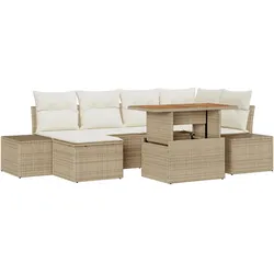 vidaXL 7-teiliges Garten-Esstisch-Set mit Kissen in Beige aus Poly-Rattan und Akazienholz