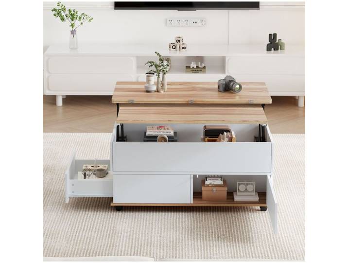 Table basse relevable IVMEU 100 x 98 x 65 cm rangement intégré roulettes blanc aspect bois