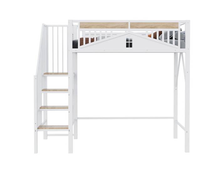 Evryae Hochbett 90/200 mit Sicherheitsleiter und Sicherheitszaun in Weiß, Metall, Holz, 90x200 cm, Babymöbel & Kindermöbel, Kinderzimmer & Jugendzimmer, Kinderbetten, Hochbetten