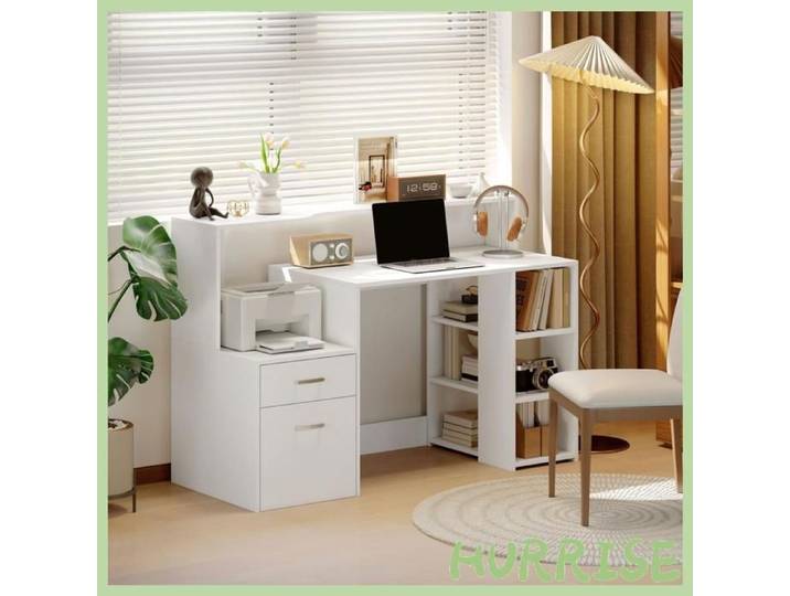 Cocosity Bureau Informatique Bureau Avec Rangement 2 Tiroirs Étagères Ouvertes Et Tablette D'Imprimante 137X55X92Cm Blanc