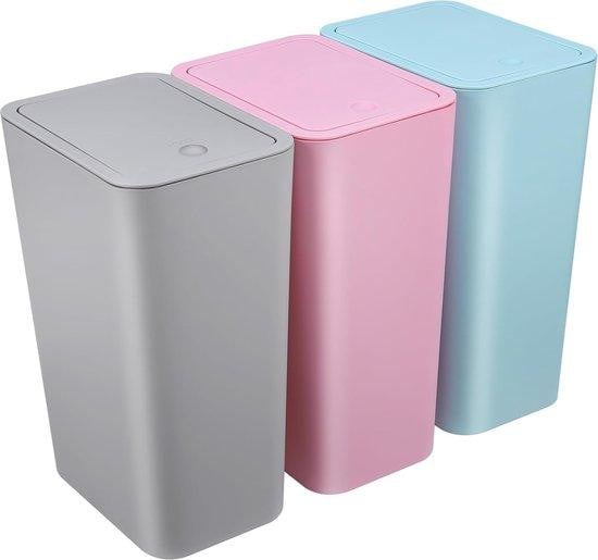 Kleine afvalbak van 10 liter met opklapbaar deksel, kunststof, blauw, roze, grijs of meerkleurig