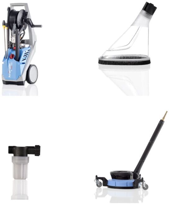 Set Kränzle Hochdruckreiniger K 1154 TST + Spritzschutz + Terrassenreiniger Round Cleaner UFO lang mit Räder (D12) + Wassereingangsfilter (Wasserausgang in Messingausführung)