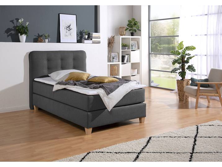 Boxspringbett, Strukturstoff, Grau (Anthrazit), 138×209 cm, Komfortschaum-Topper, Klassisch, Home-affaire