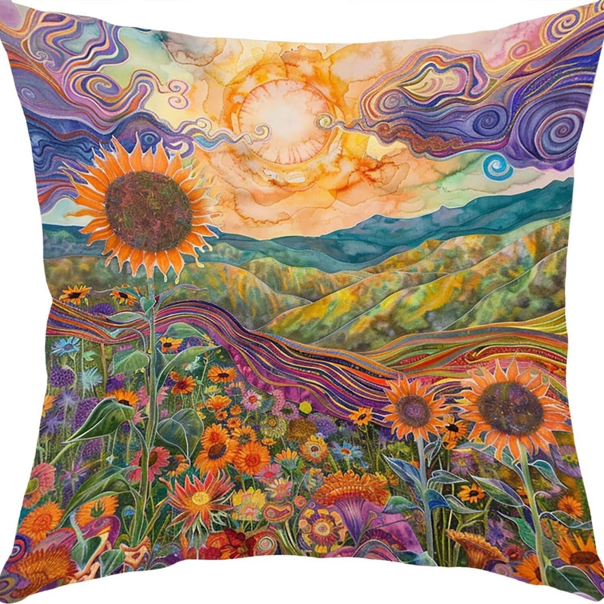 Waterdichte linnen kussenhoes met zonnebloem motief, 35 x 35 cm