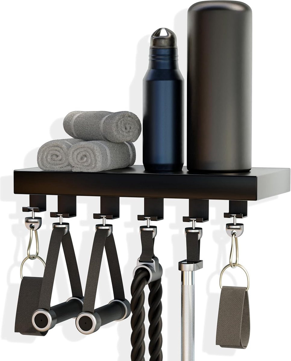 Zwarte zwevende wandplank met 6 haken voor accessoires, Breedte: 40 cm