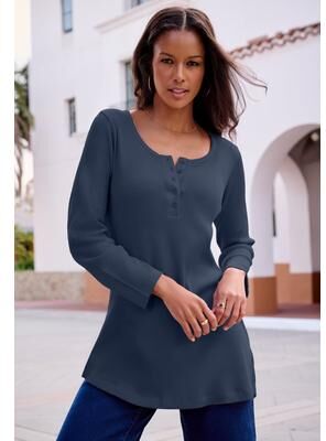 Plus Size Women's Plus Size Knit Thermal Henley Top - Long Sleeve by Roaman's in Navy (Size 3X) Long Sleeve Shirt
